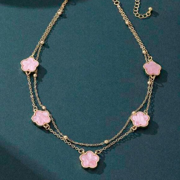 14K Gold Filled Pink Clover Double Chain Necklace - Picture 4 of 5